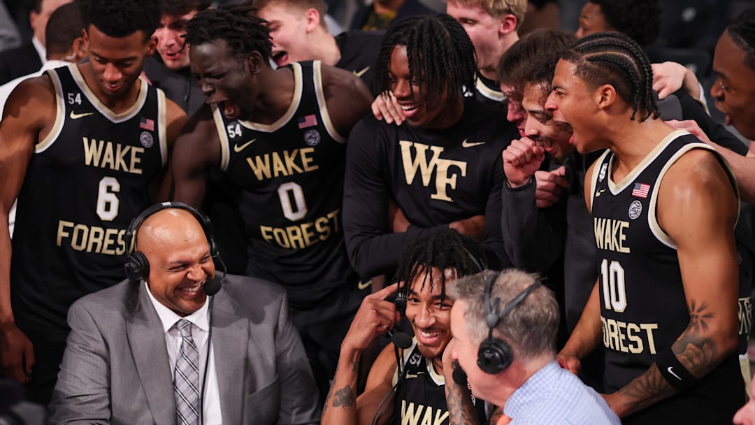 Feb 11, 2026; Atlanta, Georgia, USA; Wake Forest Demon Deacons guard Juke Harris (2) does an interview after a victory over the Georgia Tech Yellow Jackets at McCamish Pavilion. Mandatory Credit: Brett Davis-Imagn Images