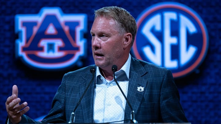 Auburn Head Coach Hugh Freeze speaks at the 2023 SEC Football Kickoff Media Days at the Nashville Grand Hyatt on Broadway, Tuesday, July 18, 2023. Auburn Head Coach Hugh Freeze speaks at the 2023 SEC Football Kickoff Media Days at the Nashville Grand Hyatt on Broadway, Tuesday, July 18, 2023.