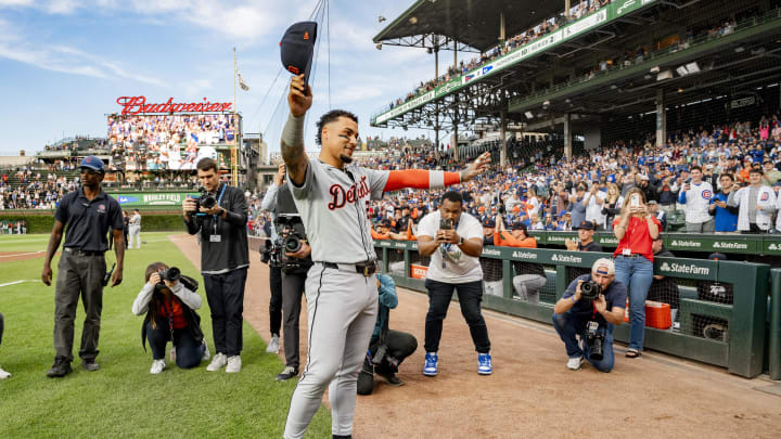 Aug 20, 2024; Chicago, Illinois, USA; Detroit Tigers shortstop Javier Baez (28) is recognized prior to his first game back to Wrigley Field before facing the Chicago Cubs.