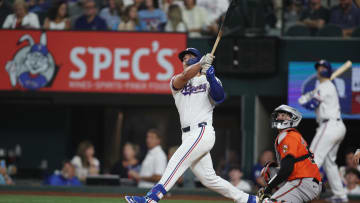 Jul 20, 2024; Arlington, Texas, USA; Texas Rangers designated hitter Justin Foscue (56) bats against the Baltimore Orioles in the seventh inning at Globe Life Field. 