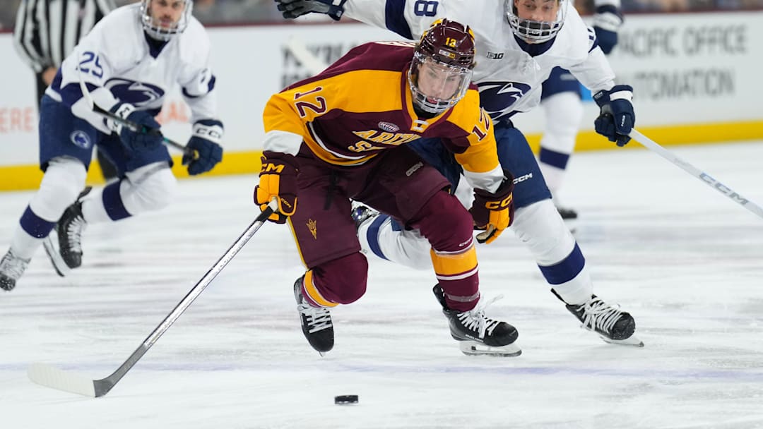 Oct 3, 2025; Tempe, AZ, USA; Arizona State forward Cullen Potter, here facing Penn State, was once committed to Michigan State. He's now heading to East Lansing through the transfer portal. 