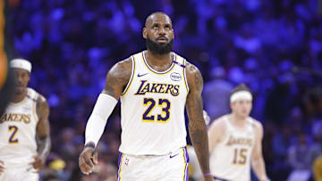 Apr 6, 2025; Oklahoma City, Oklahoma, USA; Los Angeles Lakers forward LeBron James (23) walks down the court after a play against the Oklahoma City Thunder during the second quarter at Paycom Center. Mandatory Credit: Alonzo Adams-Imagn Images
