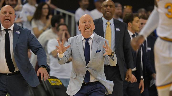 Jan 31, 2026; Los Angeles, California, USA;  UCLA Bruins head coach Mick Cronin reacts on the bench in the second half against the Indiana Hoosiers at Pauley Pavilion presented by Wescom Financial. Mandatory Credit: Jayne Kamin-Oncea-Imagn Images