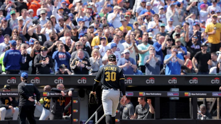 Mar 26, 2026; New York City, New York, USA; Pittsburgh Pirates starting pitcher Paul Skenes (30) walks off the field after being taken out of the game against the New York Mets during the first inning at Citi Field. Mandatory Credit: Brad Penner-Imagn Images