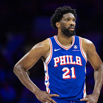 Philadelphia 76ers center Joel Embiid (21) looks on during the third quarter against the Boston Celtics.