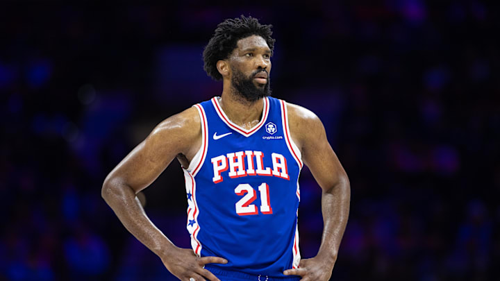 Feb 20, 2025; Philadelphia, Pennsylvania, USA; Philadelphia 76ers center Joel Embiid (21) looks on during the third quarter against the Boston Celtics at Wells Fargo Center. Mandatory Credit: Bill Streicher-Imagn Images