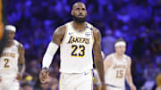  Los Angeles Lakers forward LeBron James walks down the court after a play against the Oklahoma City Thunder during the second quarter at Paycom Center. 