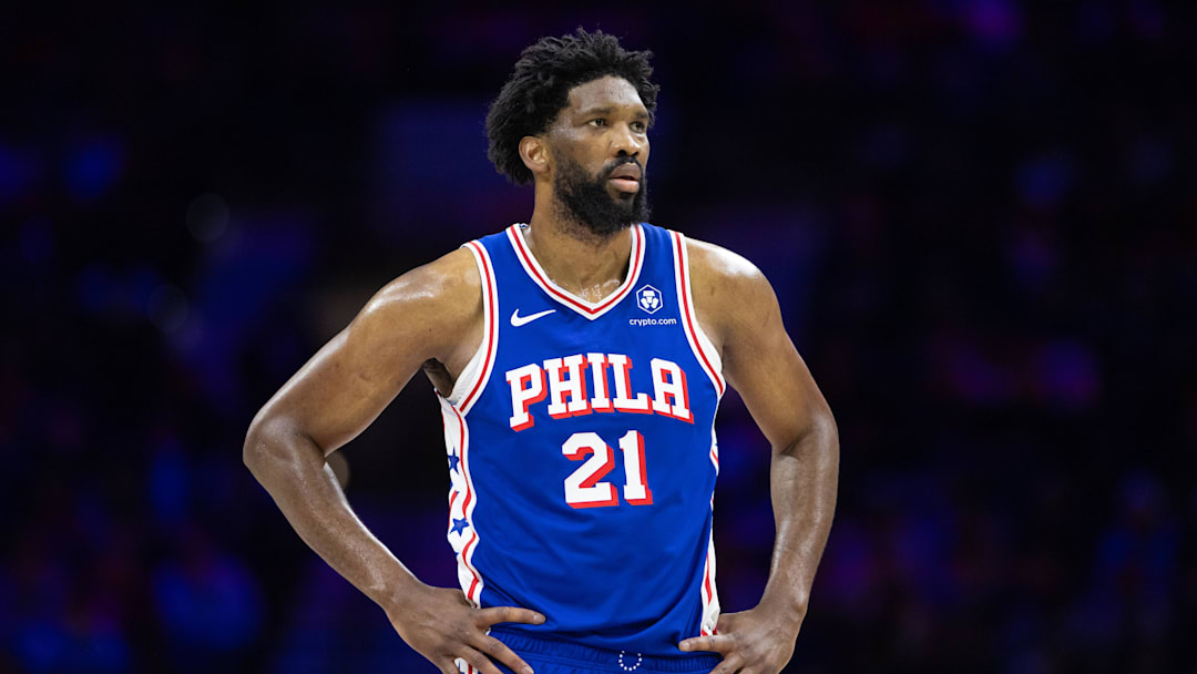 Feb 20, 2025; Philadelphia, Pennsylvania, USA; Philadelphia 76ers center Joel Embiid (21) looks on during the third quarter against the Boston Celtics at Wells Fargo Center. Mandatory Credit: Bill Streicher-Imagn Images Feb 20, 2025; Philadelphia, Pennsylvania, USA; Philadelphia 76ers center Joel Embiid (21) looks on during the third quarter against the Boston Celtics at Wells Fargo Center. Mandatory Credit: Bill Streicher-Imagn Images