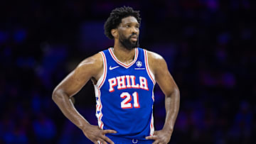 Feb 20, 2025; Philadelphia, Pennsylvania, USA; Philadelphia 76ers center Joel Embiid (21) looks on during the third quarter against the Boston Celtics at Wells Fargo Center. Mandatory Credit: Bill Streicher-Imagn Images