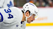 Nov 3, 2024; Saint Paul, Minnesota, USA; Toronto Maple Leafs center Auston Matthews (34) looks on during a game between the Minnesota Wild and Toronto Maple Leafs at Xcel Energy Center. Mandatory Credit: Brace Hemmelgarn-Imagn Images