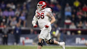 Dec 26, 2024; Phoenix, AZ, USA; Rutgers Scarlet Knights offensive lineman Tyler Needham (86) against the Kansas State Wildcats during the Rate Bowl at Chase Field. Mandatory Credit: Mark J. Rebilas-Imagn Images
