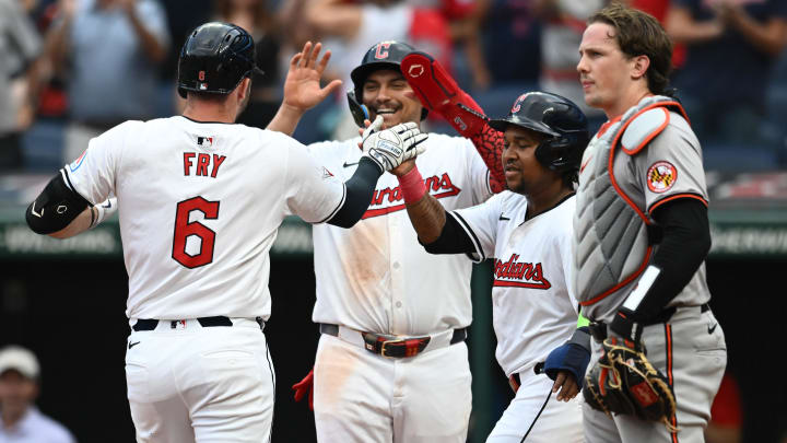 Aug 1, 2024; Cleveland, Ohio, USA; Cleveland Guardians designated hitter David Fry (6) celebrates with first baseman Josh Naylor (22) and third baseman Jose Ramirez (11) after hitting a three-run home run as Baltimore Orioles catcher Adley Rutschman (35) looks on during the third inning against the Baltimore Orioles at Progressive Field. Mandatory Credit: Ken Blaze-USA TODAY Sports