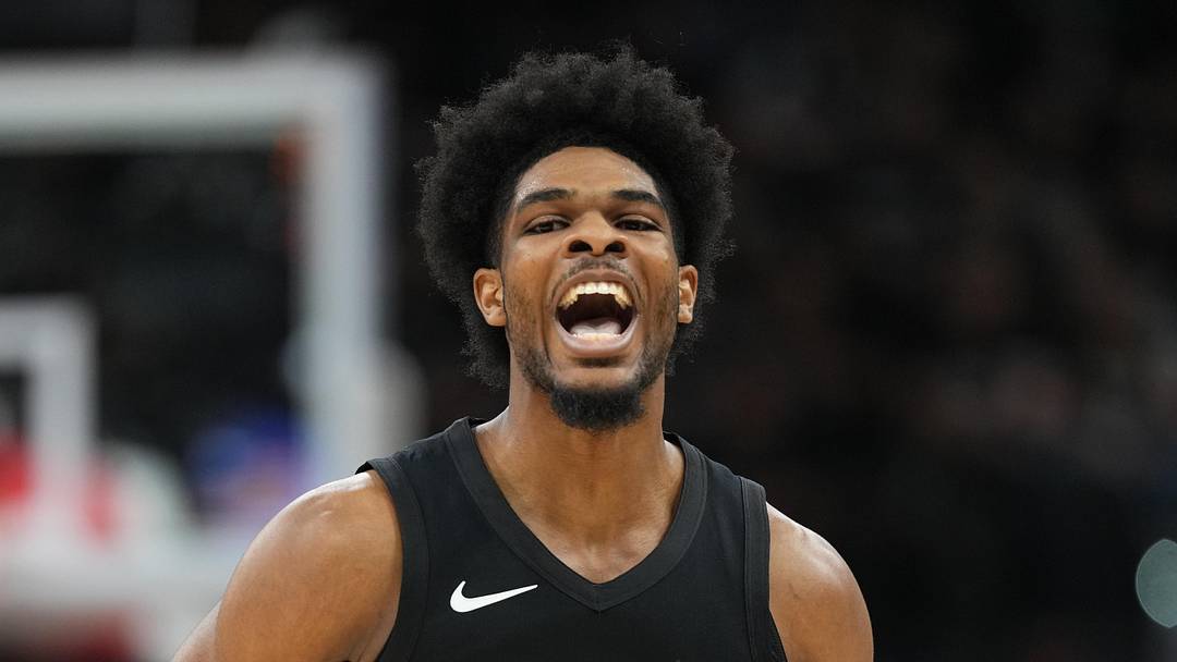 Apr 21, 2026; San Antonio, Texas, USA; Portland Trail Blazers guard Scoot Henderson (0) reacts after scoring a three point basket during the second half of game two of the first round of the 2026 NBA Playoffs against the San Antonio Spurs at Frost Bank Center. Mandatory Credit: Scott Wachter-Imagn Images