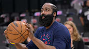 Apr 26, 2025; Inglewood, California, USA;  Los Angeles Clippers guard James Harden (1) warms up prior to game four of round one of the 2024 NBA Playoffs against the Denver Nuggets at Intuit Dome. Mandatory Credit: Jayne Kamin-Oncea-Imagn Images