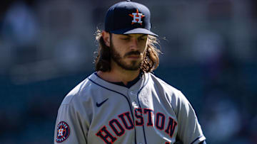 Houston Astros starting pitcher Spencer Arrighetti (41) walks to the dugout after being relieved during the fourth inning against the Minnesota Twins at Target Field.