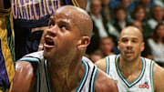 Apr 27, 1999; Sioux Falls, SD, USA; Randy Livingston of the Skyforce finds his path to the basket blocked by Kevin Ollie (12) and Adrian Griffin of Connecticut during Tuesday's game at the Arena. 