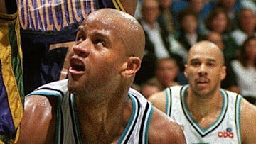 Apr 27, 1999; Sioux Falls, SD, USA; Randy Livingston of the Skyforce finds his path to the basket blocked by Kevin Ollie (12) and Adrian Griffin of Connecticut during Tuesday's game at the Arena. 
