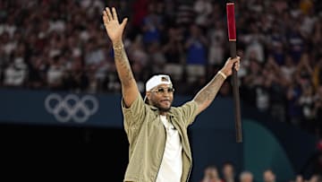 Aug 6, 2024; Paris, France; Carmelo Anthony performs before a men’s basketball quarterfinal game between the United States and Brazil during the Paris 2024 Olympic Summer Games at Accor Arena. Mandatory Credit: Kyle Terada-Imagn Images