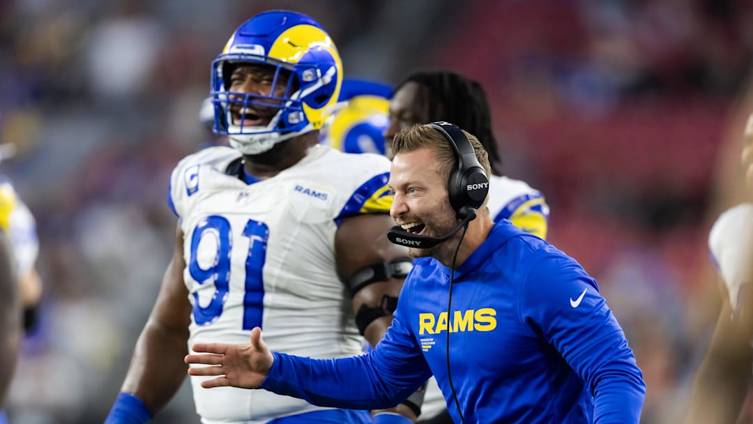 Dec 7, 2025; Glendale, Arizona, USA; Los Angeles Rams head coach Sean McVay against the Arizona Cardinals at State Farm Stadium. Mandatory Credit: Mark J. Rebilas-Imagn Images
