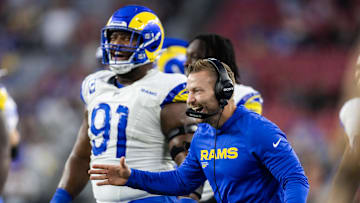 Dec 7, 2025; Glendale, Arizona, USA; Los Angeles Rams head coach Sean McVay against the Arizona Cardinals at State Farm Stadium. Mandatory Credit: Mark J. Rebilas-Imagn Images