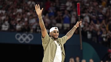Aug 6, 2024; Paris, France; Carmelo Anthony performs before a men’s basketball quarterfinal game between the United States and Brazil during the Paris 2024 Olympic Summer Games at Accor Arena. Mandatory Credit: Kyle Terada-Imagn Images