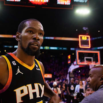 May 7, 2023; Phoenix, Arizona, USA; Phoenix Suns forward Kevin Durant (35) against the Denver Nuggets during game four of the 2023 NBA playoffs at Footprint Center. Mandatory Credit: Mark J. Rebilas-Imagn Images