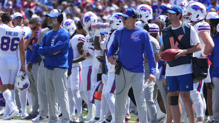 Aug 10, 2024; Orchard Park, New York, USA; Buffalo Bills head coach Sean McDermott looks on from the sidelines against the Chicago Bears during the first half at Highmark Stadium. Mandatory Credit: Gregory Fisher-USA TODAY Sports