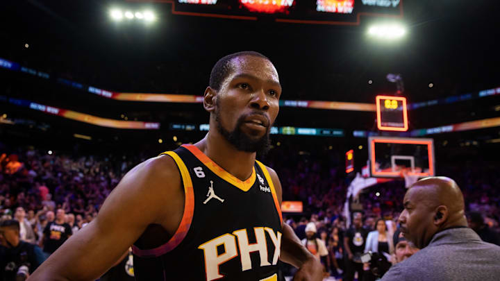 May 7, 2023; Phoenix, Arizona, USA; Phoenix Suns forward Kevin Durant (35) against the Denver Nuggets during game four of the 2023 NBA playoffs at Footprint Center. Mandatory Credit: Mark J. Rebilas-Imagn Images