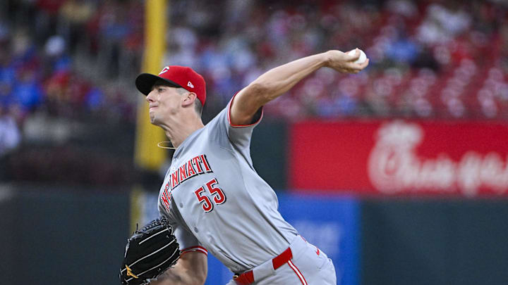 Sep 11, 2024; St. Louis, Missouri, USA;  Cincinnati Reds starting pitcher Brandon Williamson (55) pitches against the St. Louis Cardinals during the first inning at Busch Stadium. Mandatory Credit: Jeff Curry-Imagn Images