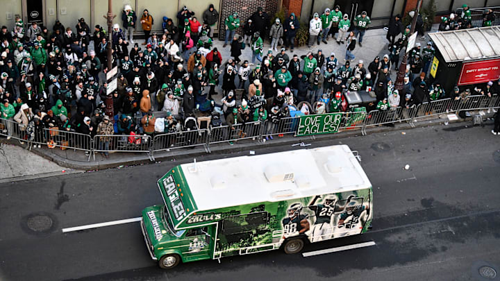 Eagles fans gather on Broad Street in Philadelphia prior to the Philadelphia Eagles Super Bowl 59 victory parade on Friday, February 14, 2025.