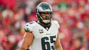 Sep 14, 2025; Kansas City, Missouri, USA; Philadelphia Eagles offensive tackle Lane Johnson (65) reacts during the second half against the Kansas City Chiefs at GEHA Field at Arrowhead Stadium. Mandatory Credit: Jay Biggerstaff-Imagn Images