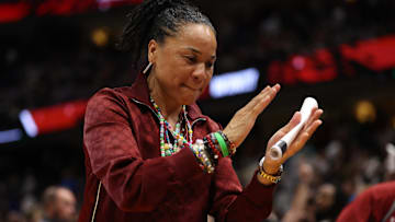 Apr 4, 2025; Tampa, FL, USA;  South Carolina Gamecocks head coach Dawn Staley reacts after defeating the Texas Longhorns during the semifinal of the women's 2025 NCAA tournament at Amalie Arena. Mandatory Credit: Nathan Ray Seebeck-Imagn Images