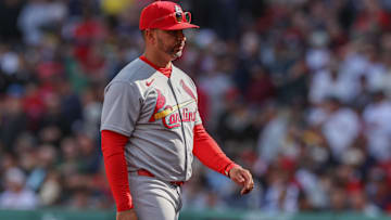 Apr 4, 2025; Boston, Massachusetts, USA; St. Louis Cardinals manager Oliver Marmol (37) reacts during the fifth inning against the Boston Red Sox at Fenway Park.