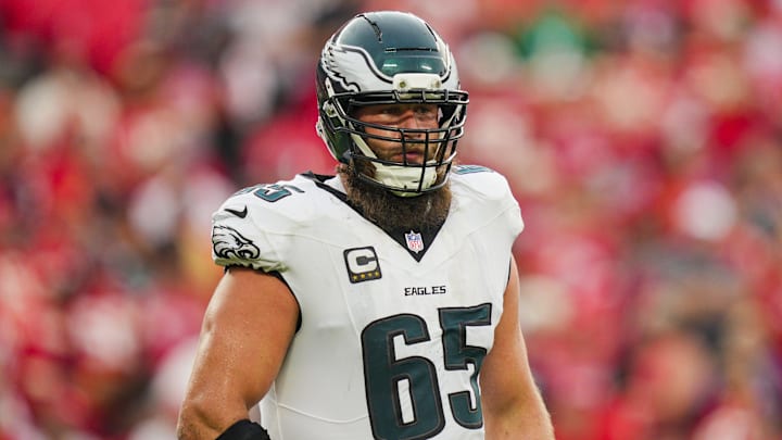 Sep 14, 2025; Kansas City, Missouri, USA; Philadelphia Eagles offensive tackle Lane Johnson (65) reacts during the second half against the Kansas City Chiefs at GEHA Field at Arrowhead Stadium. Mandatory Credit: Jay Biggerstaff-Imagn Images