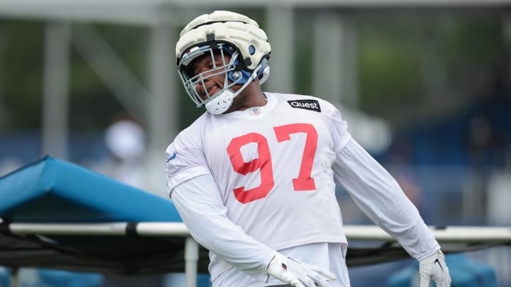 Jul 24, 2024; East Rutherford, NJ, USA; New York Giants defensive tackle Dexter Lawrence II (97) participates in drills during training camp at Quest Diagnostics Training Facility.  