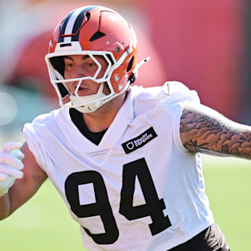 Jul 23, 2025; Berea, OH, USA; Cleveland Browns defensive tackle Mason Graham (94) runs a drill during training camp at CrossCountry Mortgage Campus. Mandatory Credit: Ken Blaze-Imagn Images
