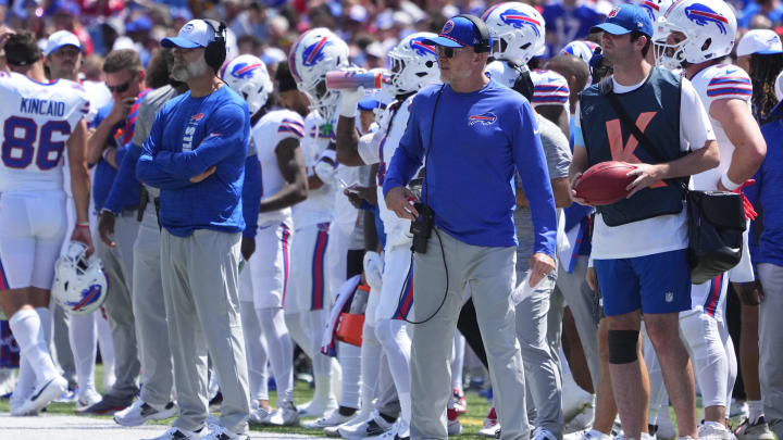 Aug 10, 2024; Orchard Park, New York, USA; Buffalo Bills head coach Sean McDermott looks on from the sidelines against the Chicago Bears during the first half at Highmark Stadium. Mandatory Credit: Gregory Fisher-USA TODAY Sports