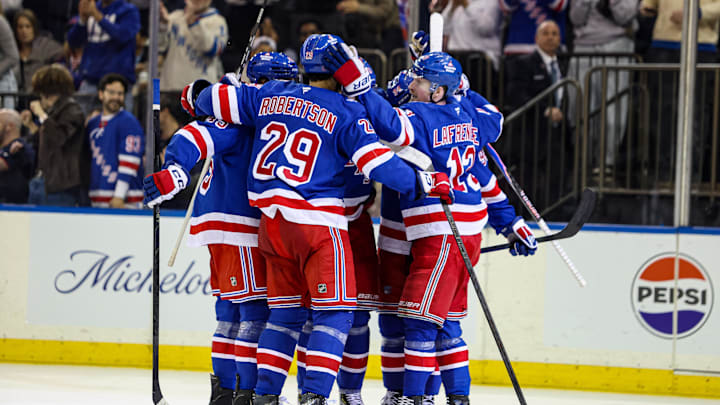 Apr 4, 2026; New York, New York, USA; New York Rangers right wing Gabe Perreault (94) celebrates his goal against the Detroit Red Wings during the second period at Madison Square Garden. Apr 4, 2026; New York, New York, USA; New York Rangers right wing Gabe Perreault (94) celebrates his goal against the Detroit Red Wings during the second period at Madison Square Garden.