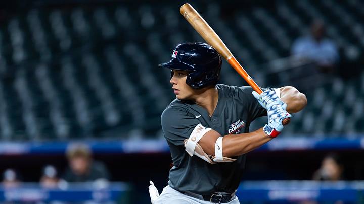 Jun 17, 2025; Phoenix, AZ, USA; St. Louis School (Hawaii) shortstop Bruin Agbayani during the MLB Draft Combine high school baseball game at Chase Field. Mandatory Credit: Mark J. Rebilas-Imagn Images