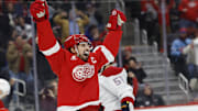 Jan 23, 2025; Detroit, Michigan, USA;  Detroit Red Wings center Dylan Larkin (71) celebrates after scoring in the second period against the Montreal Canadiens at Little Caesars Arena. Mandatory Credit: Rick Osentoski-Imagn Images