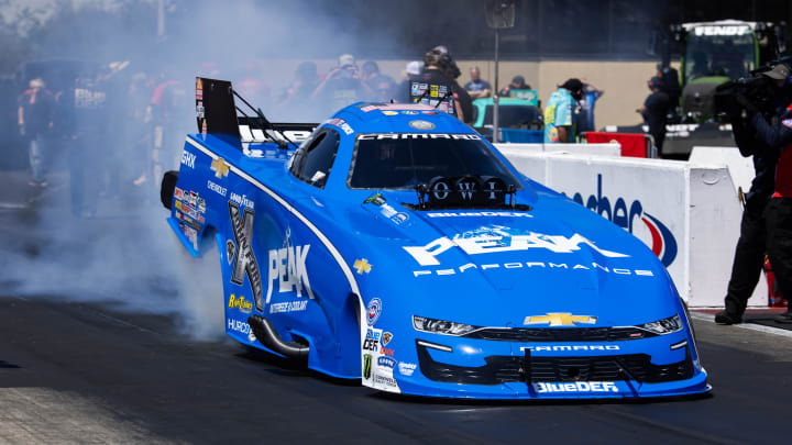 May 19, 2024; Joliet, IL, USA; NHRA funny car driver John Force during the Route 66 Nationals at Route 66 Raceway. Mandatory Credit: Mark J. Rebilas-USA TODAY Sports