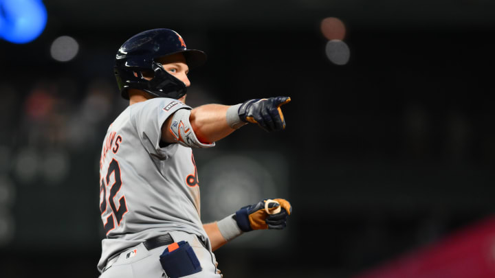 Detroit Tigers center fielder Parker Meadows (22) points to fans after hitting a home run against the Seattle Mariners during the eighth inning at T-Mobile Park on Aug 9.