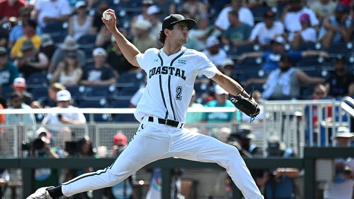 Jun 13, 2025; Omaha, Neb, USA; Coastal Carolina Chanticleers pitcher Cameron Flukey (2) throws against the Arizona Wildcats during the ninth inning at Charles Schwab Field. Mandatory Credit: Steven Branscombe-Imagn Images