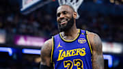 Mar 26, 2025; Indianapolis, Indiana, USA; Los Angeles Lakers forward LeBron James (23)  reacts in the second half against the Indiana Pacers at Gainbridge Fieldhouse. Mandatory Credit: Trevor Ruszkowski-Imagn Images