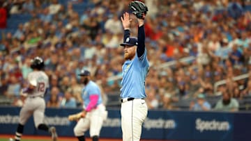 Aug 18, 2024; St. Petersburg, Florida, USA;  Tampa Bay Rays pitcher Drew Rasmussen (57) after they got the out against the Arizona Diamondbacks during the first inning at Tropicana Field. Mandatory Credit: Kim Klement Neitzel-Imagn Images