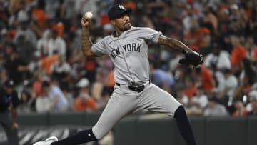 Apr 29, 2024; Baltimore, Maryland, USA;  New York Yankees pitcher Dennis Santana (53) throws as eighth inning pitch against the Baltimore Orioles at Oriole Park at Camden Yards. Mandatory Credit: Tommy Gilligan-USA TODAY Sports