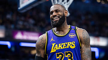 Mar 26, 2025; Indianapolis, Indiana, USA; Los Angeles Lakers forward LeBron James (23)  reacts in the second half against the Indiana Pacers at Gainbridge Fieldhouse. Mandatory Credit: Trevor Ruszkowski-Imagn Images