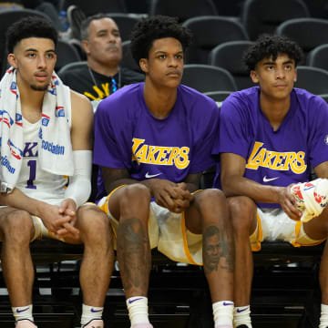 Jul 5, 2022; San Francisco, CA, USA; Los Angeles Lakers guard Scotty Pippen Jr. (1) sits on the bench with forward Shareef ONeal (45) and guard Max Christie (10) and forward Cole Swider (21) during the fourth quarter against the Sacramento Kings at the California Summer League at Chase Center. Mandatory Credit: Darren Yamashita-USA TODAY Sports