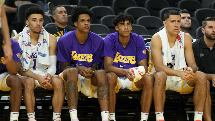 Jul 5, 2022; San Francisco, CA, USA; Los Angeles Lakers guard Scotty Pippen Jr. (1) sits on the bench with forward Shareef ONeal (45) and guard Max Christie (10) and forward Cole Swider (21) during the fourth quarter against the Sacramento Kings at the California Summer League at Chase Center. Mandatory Credit: Darren Yamashita-USA TODAY Sports