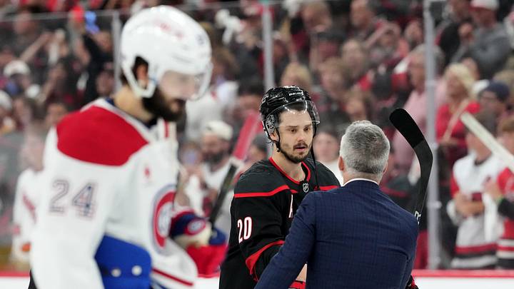 May 29, 2026; Raleigh, North Carolina, USA; Montreal Canadiens head coach Martin St. Louis shakes hands with Carolina Hurricanes center Sebastian Aho (20) in the handshake line after game five of the Eastern Conference Final of the 2026 Stanley Cup Playoffs at Lenovo Center. Mandatory Credit: James Guillory-Imagn Images